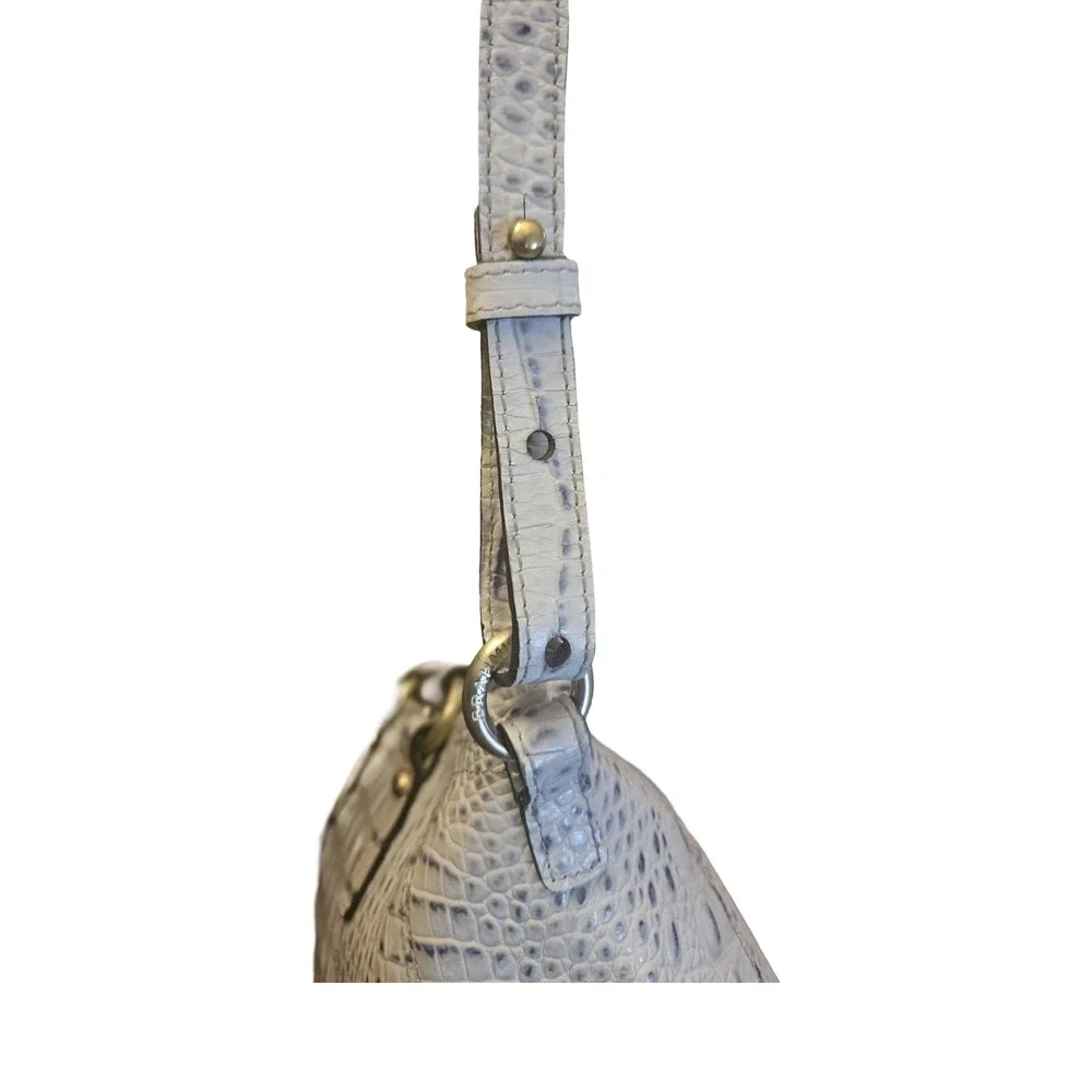 Brahmin Croc Embossed Leather Satchel Crossbody Bag Gray Cream Gold Hardware